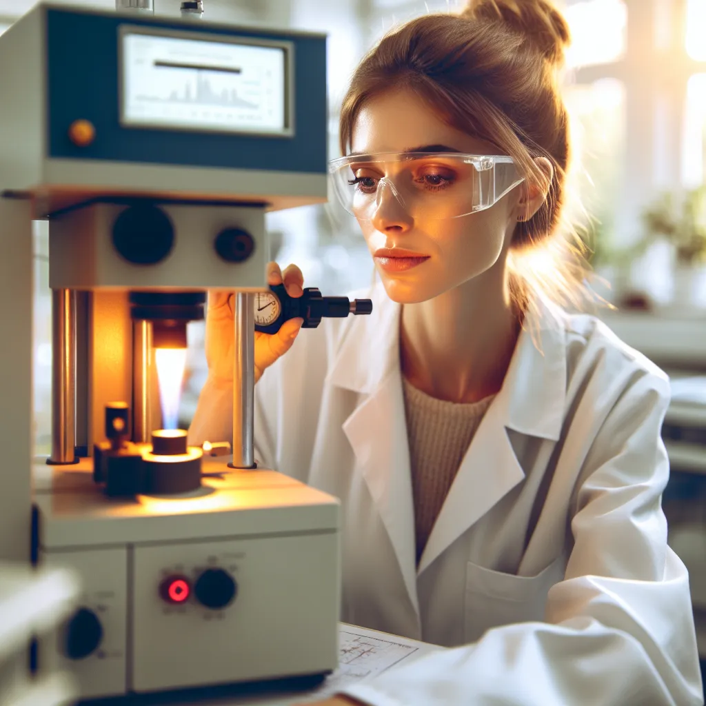 Image of a scientist using a flame atomic spectrophotometer to analyze the concentration of iron or copper in a lab setting.