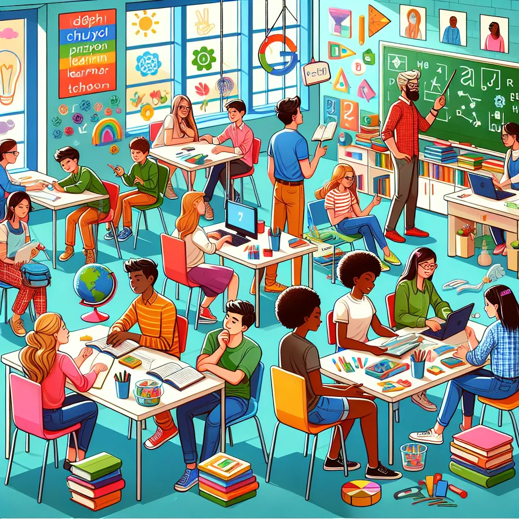 Illustration of a diverse classroom with a teacher engaging students through various teaching methods and individualized assessments, highlighting different learning activities and tools.