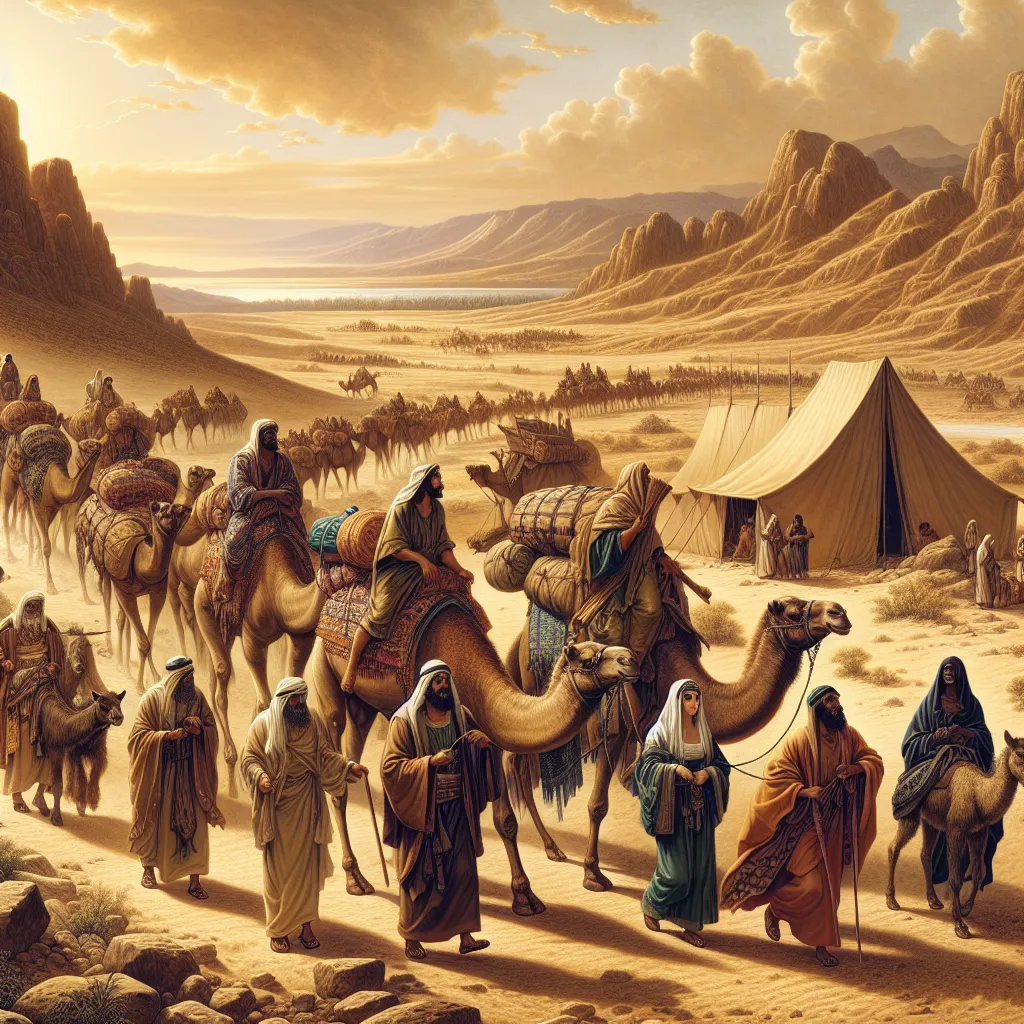 Illustration of a caravan journeying through ancient landscapes, symbolizing Abraham and his family's move to Canaan, with desert scenery and traditional tents.