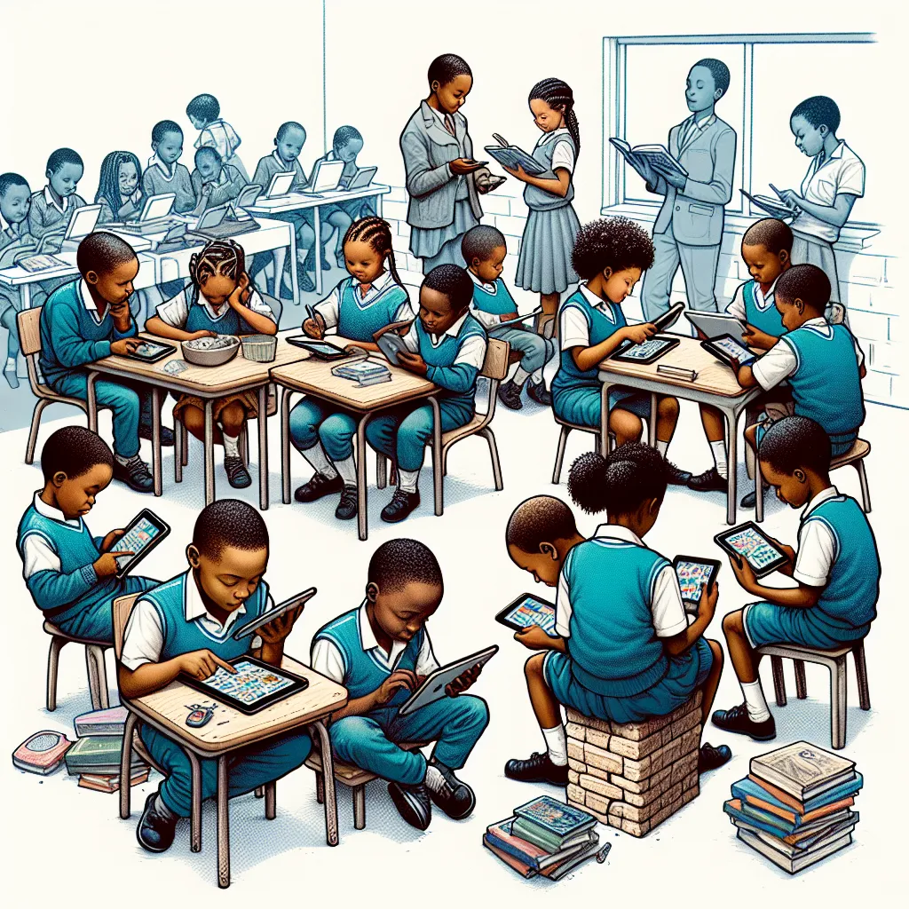 A digital illustration of South African students in a classroom, some using tablets and others looking at books, highlighting the contrast in access to technology.