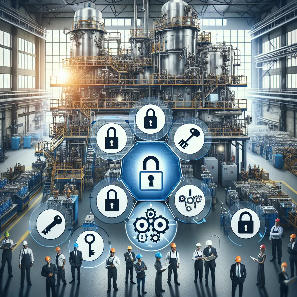 Illustration of a factory setting with various locks and keys labeled for LOTO (Lockout/Tagout) devices, emphasizing safety and accessibility for employees.