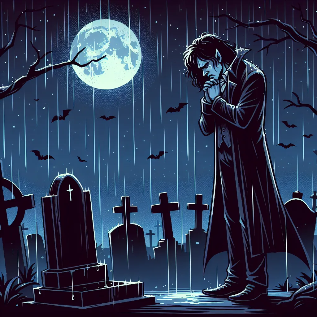 La descripción para una imagen adecuada para este relato podría ser: "Ilustración de un vampiro gótico y angustiado, parado bajo la lluvia en un cementerio, mirando con tristeza una tumba reciente. La noche está estrellada y lúgubre, añadiendo un tono de melancolía y reflexión sobre el pasado."