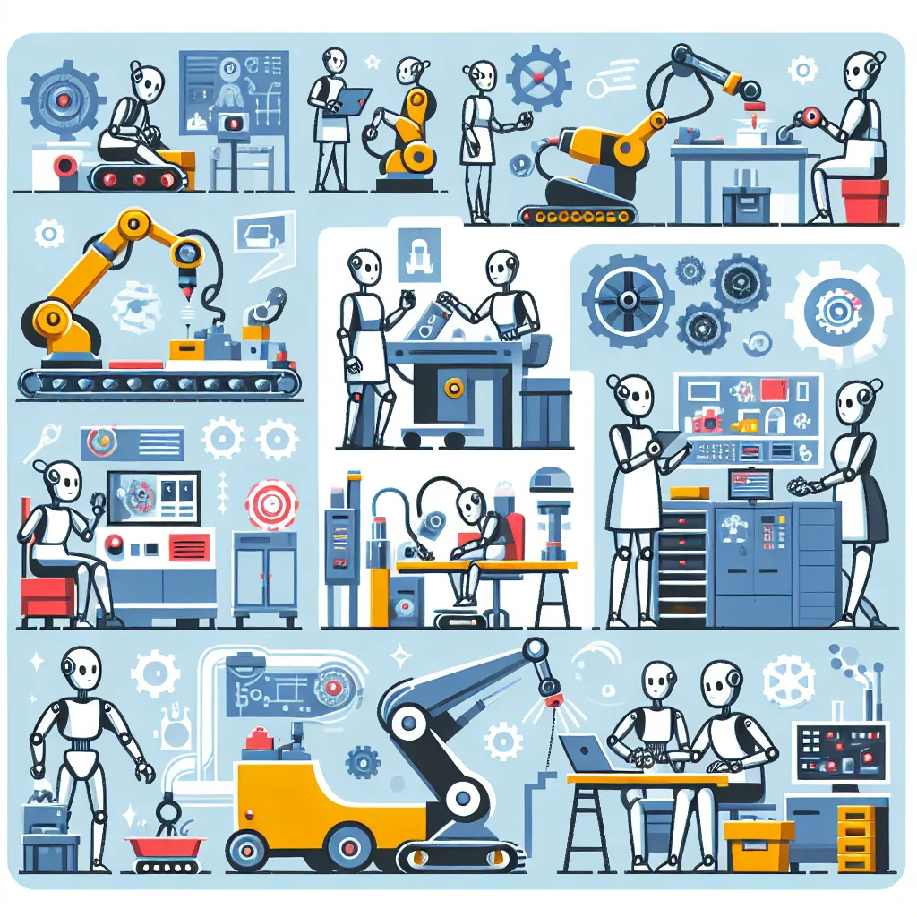 A suitable image description could be: Illustration of various robots performing tasks in a factory setting.