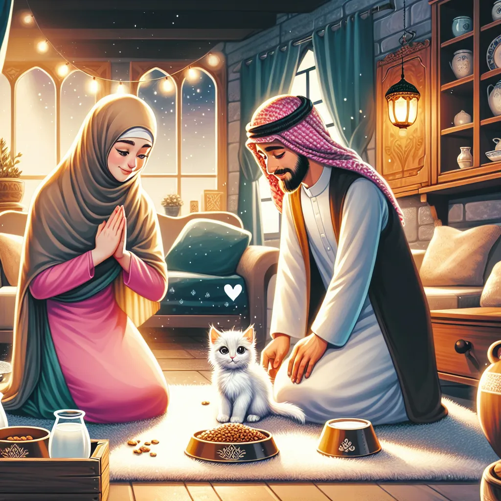 A heartwarming illustration of a white kitten being welcomed into a cozy home by kind people, surrounded by warm furnishings and bowls of food, with a soft glow reflecting safety and love.