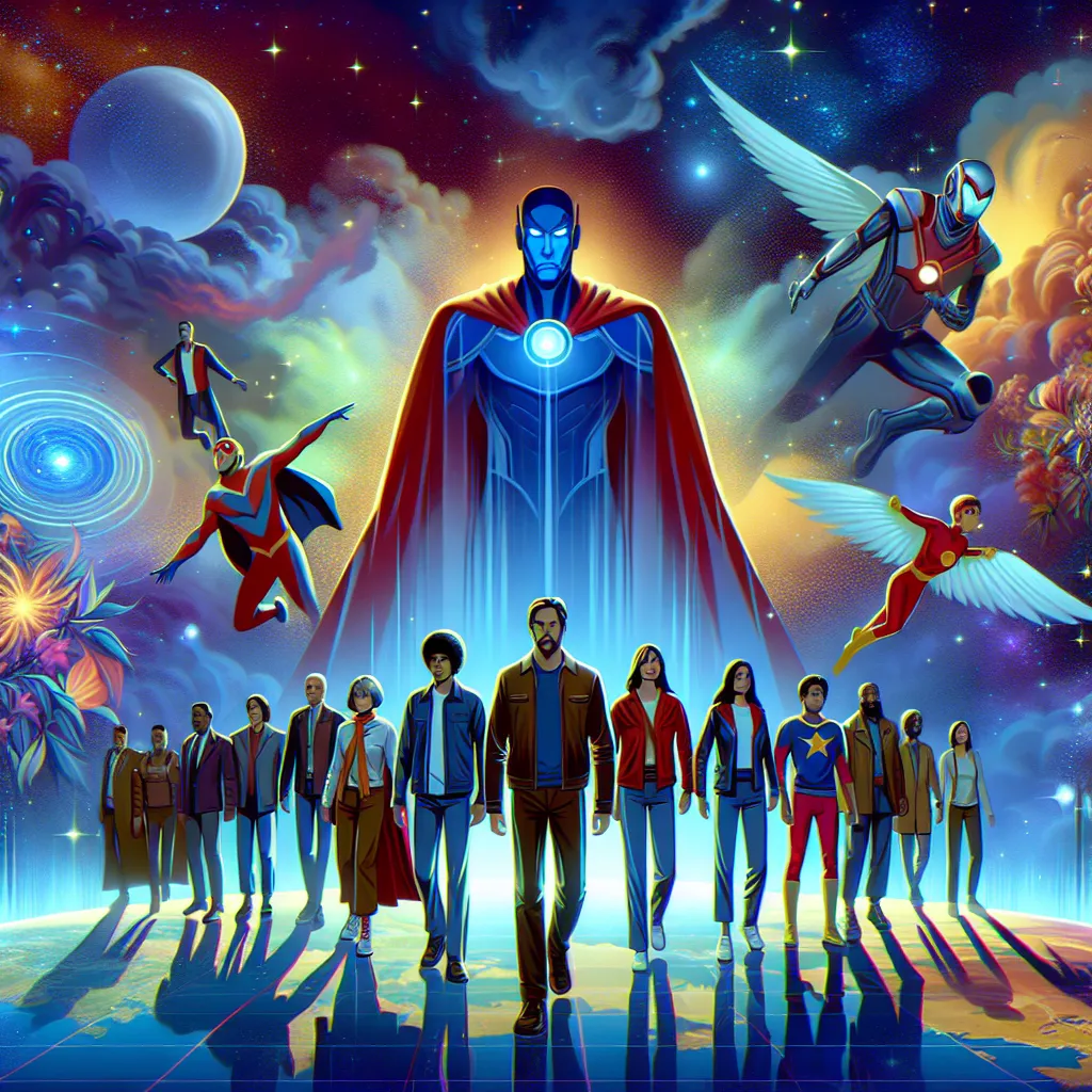 Illustration of a diverse team of superheroes, known as the New Avengers, standing united on a futuristic landscape, ready to face a looming threat from Kang, with a cosmic backdrop highlighting the multiverse.