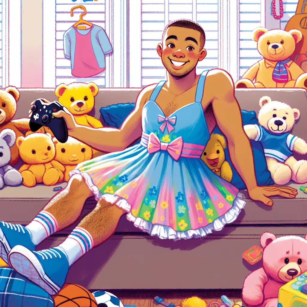 A whimsical illustration of a college athlete sitting on a sofa in a colorful sundress, surrounded by stuffed animals, with a video game controller in hand, and a playful expression on his face. The room reflects a childlike ambiance, filled with toys and bright decorations, capturing the lightheartedness of the moment.