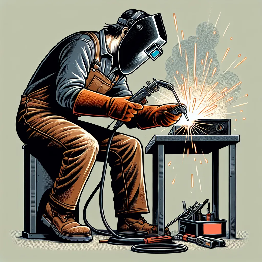 Illustration of a welder outfitted in approved safety gear, including long sleeves, heavy-duty pants, leather boots, and a welding helmet, adhering to OSHA's regulations.