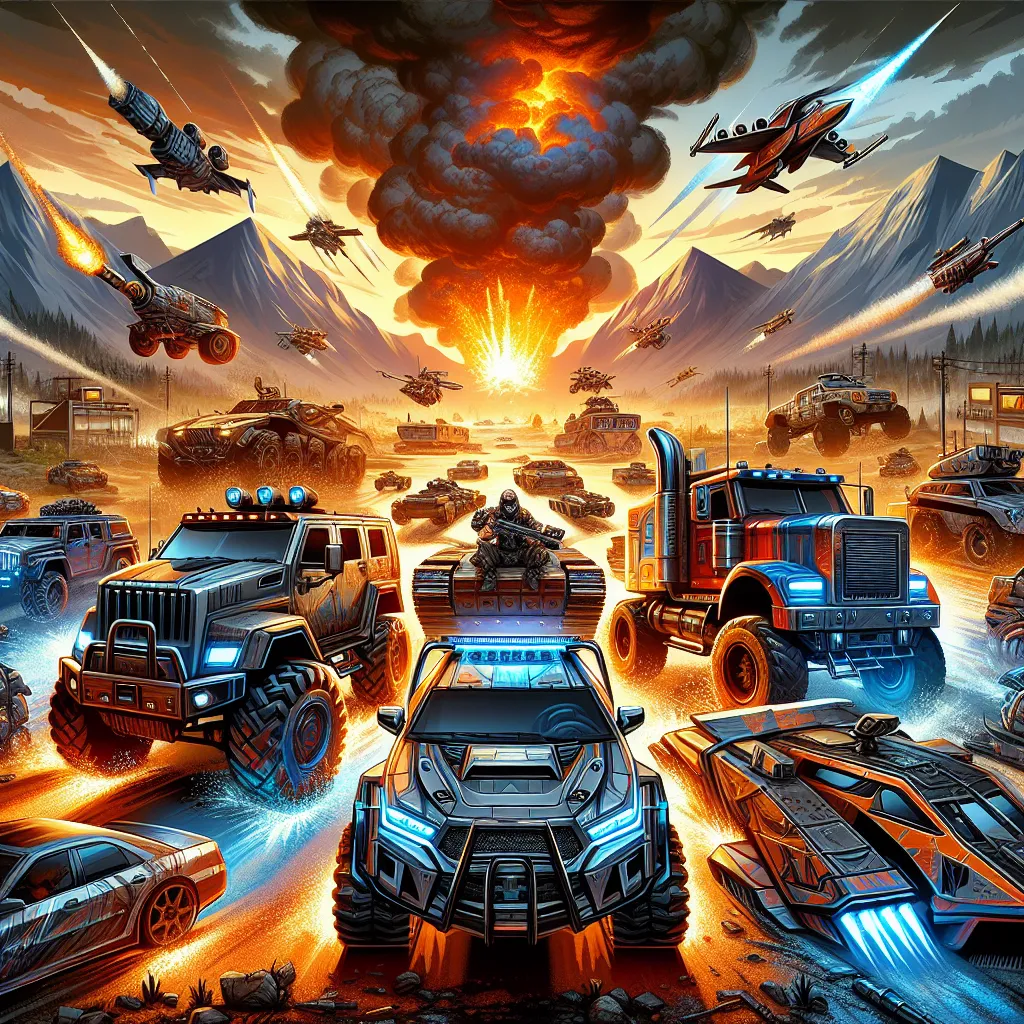 Illustration of an intense vehicle battle arena, featuring various cars and trucks equipped with armor and weapons, set in a dramatic landscape with explosions in the background.