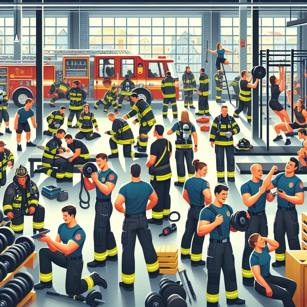 **Image Description:** An illustration showing a lively fire station with firefighters engaged in daily activities. Some are checking equipment, while others are chatting or prepping for a call. In the background, a glimpse of the gym area where a few firefighters are lifting weights and exercising, embodying teamwork and camaraderie.