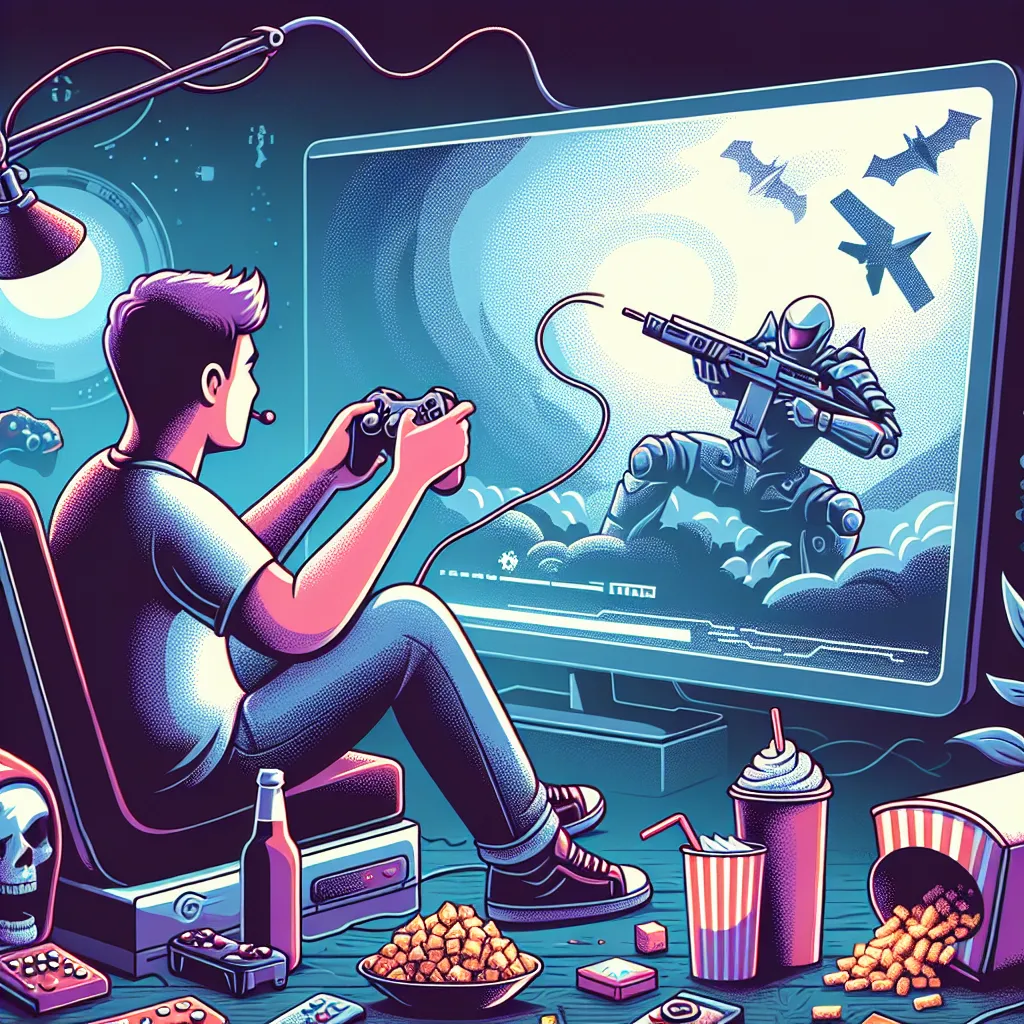 Illustration of a gamer sitting in front of a large screen playing Grand Theft Auto 5, surrounded by snacks and a game controller.