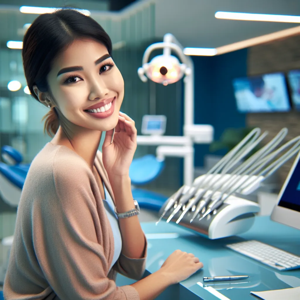 Image of a smiling dental receptionist greeting patients at the front desk of a modern dental clinic.