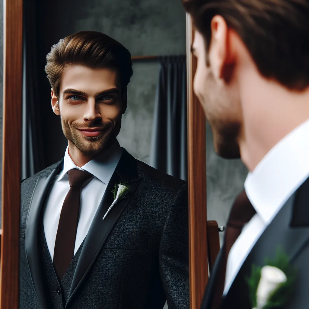 Imagen de un hombre con aspecto confiado mirándose al espejo, su reflejo sonríe maliciosamente en un traje de novio elegante.