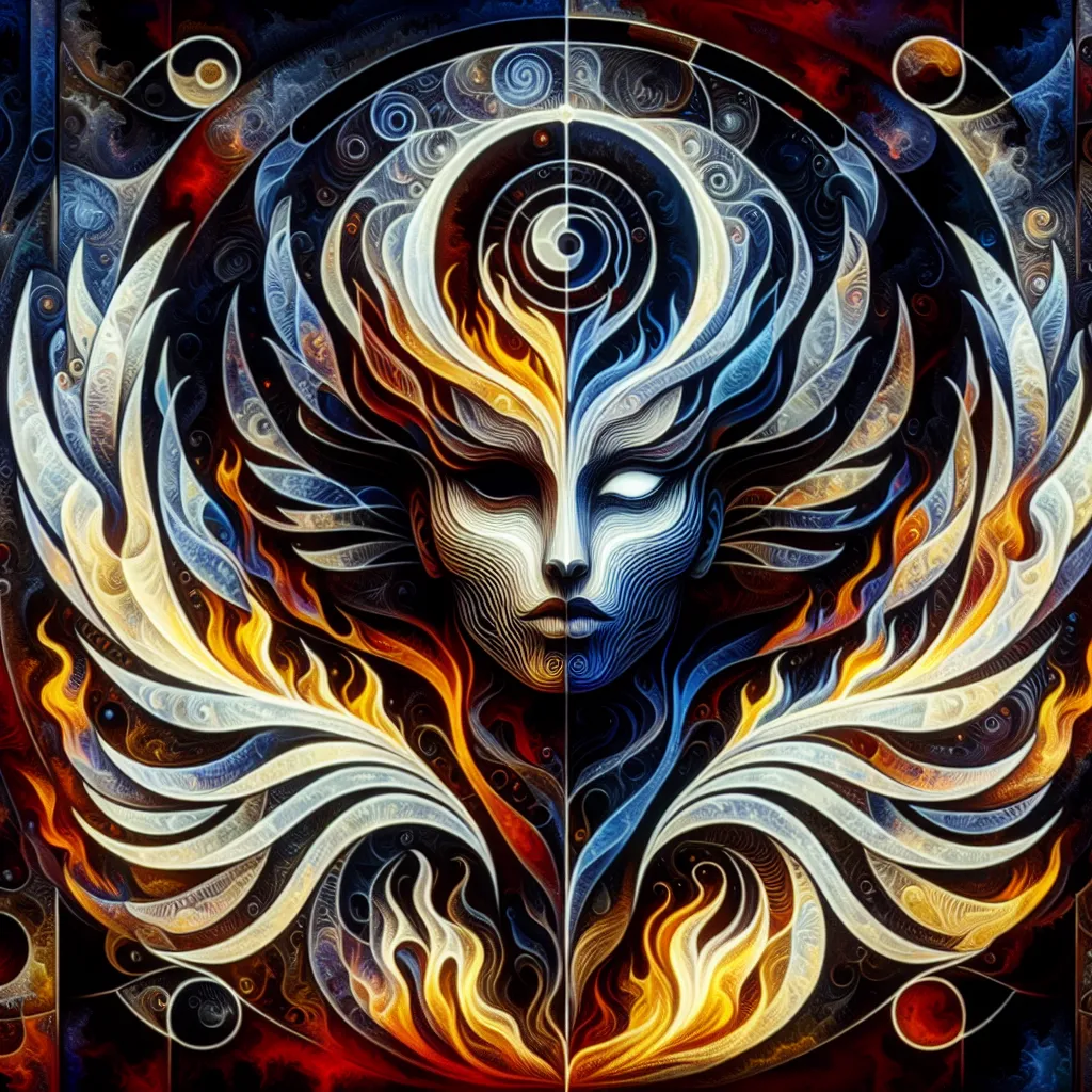 1. Transformation  
2. Lucifer  
3. Hazbin  
4. Duality  
5. Identity   in an abstract style