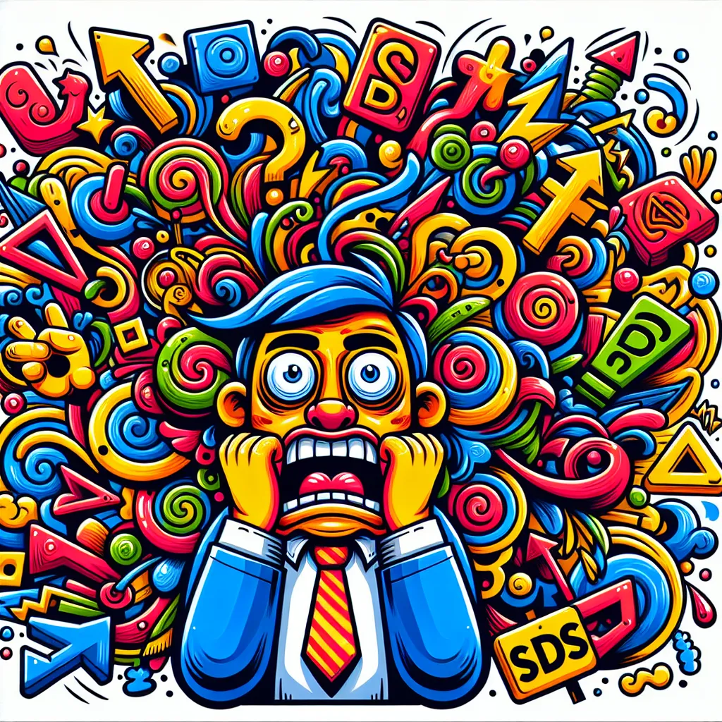 Cartoon illustration of a quirky character experiencing exaggerated emotions while surrounded by chaotic symbols and signs labeled "SDS."