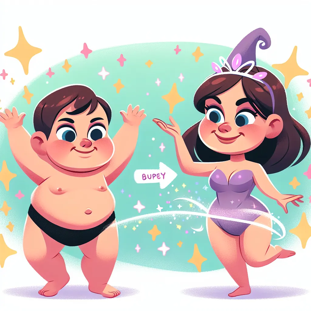 Illustration of a whimsical scene featuring a woman and a baby boy in a cartoonish style, with magical sparkles surrounding them, symbolizing their body swap adventure.