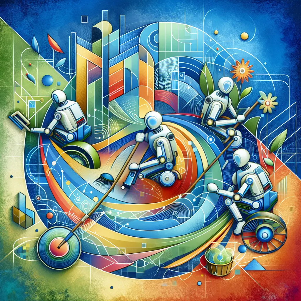 Cleaning, Robots, Environment, Cooperation, Restoration in an abstract style