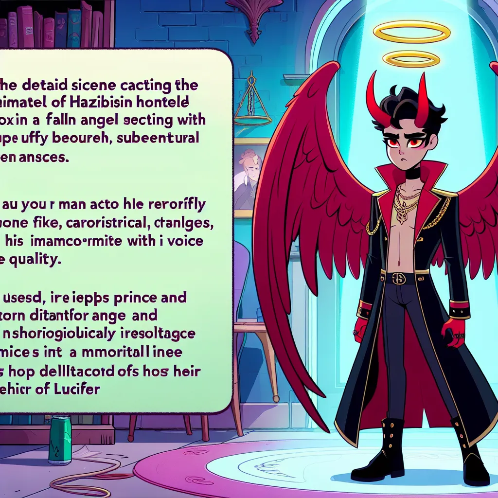 Your transformation story involves a complex and detailed falling angel scenario within the Hazbin Hotel universe. Here's a brief description focusing on the main aspects of the transformation:

Title: "Awakening of the Morningstar's Heir"

Description:
Immerse yourself in a vivid first-person transformation tale set in the animated world of Hazbin Hotel. Experience the journey of a young man who mystically transforms into a fallen angel, emerging as the son of Lucifer Morningstar. Awaken alongs