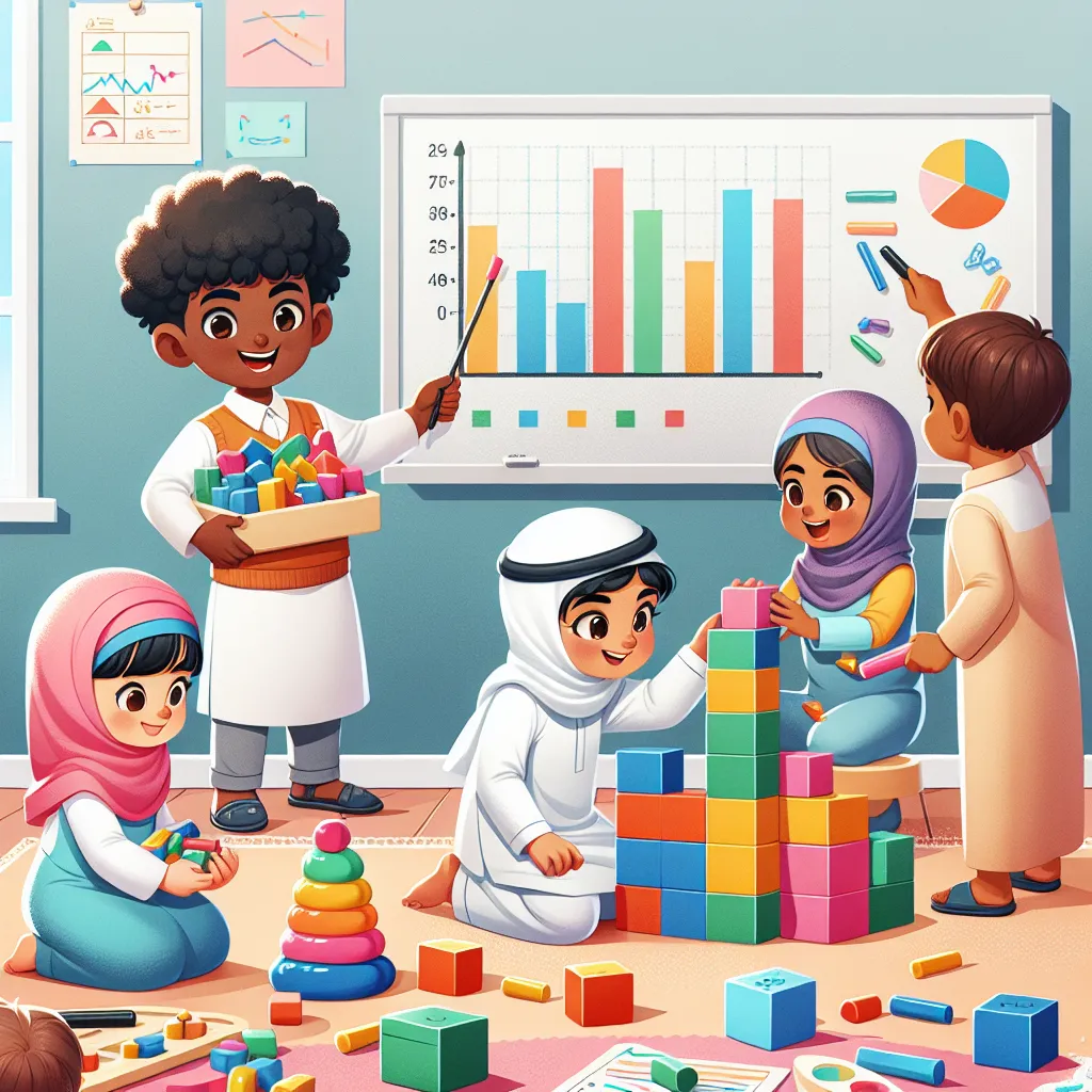 Image of young children in a classroom, engaging in activities like sorting colored blocks and drawing simple charts on a whiteboard. The scene emphasizes the foundational skills of data organization and visualization appropriate for their developmental stage.