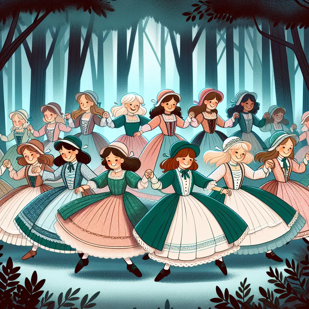 Illustration of a group of girls in period clothing dancing joyfully in a dense, mysterious forest, with a sense of secrecy and excitement.