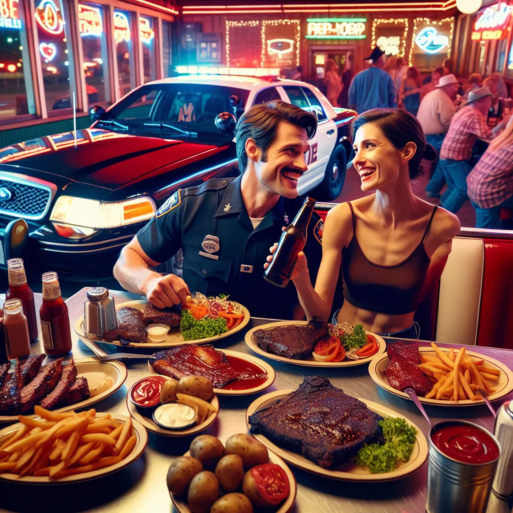 Two friends, an officer and a woman named Alice, pull up to a glowing Texas diner sign in their Ford Victoria patrol car, the neon lights reflecting off the vehicle's sleek surface. 

Alice, playful and vibrant, nudges the officer. "Ready to grab some food, or are you still on that ridiculous diet?" she teases, a grin spreading across her face.

“Diet? It’s called a ‘see-food’ diet,” he replies with a chuckle. “I see food, I eat it!”

Inside the diner, the ambiance buzzes with soft country music