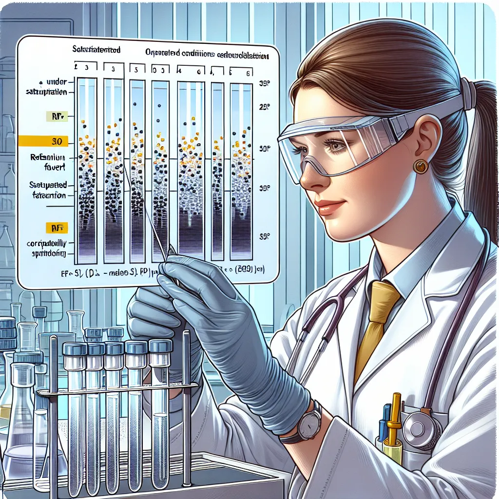 Illustration depicting a scientist observing two TLC plates, one under saturated and the other under unsaturated conditions, highlighting the differences in RF values.