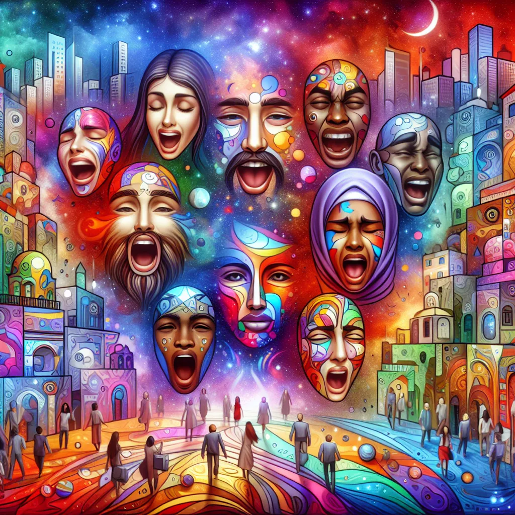 A whimsical illustration of diverse characters displaying exaggerated emotions in a colorful cityscape.