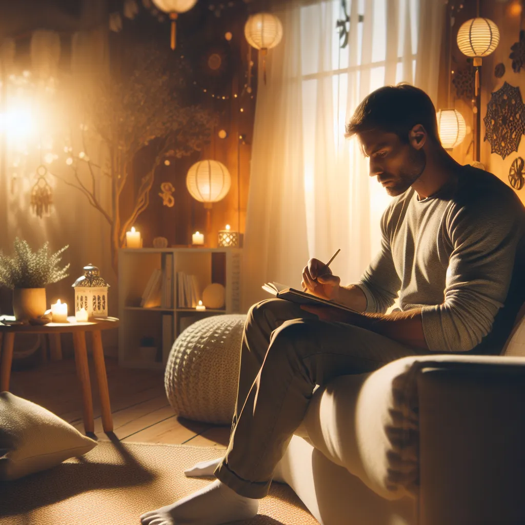 A calm image of a man sitting in a cozy room, reflecting on his emotions while journaling, surrounded by soothing decor and a warm light.