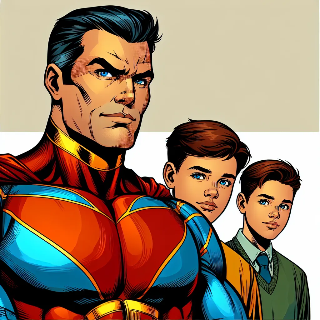 Imagen de Superman transformado en Ultraman, destacando su expresión severa y dominante, rodeado por sus dos hijos adolescentes que lo observan con preocupación.