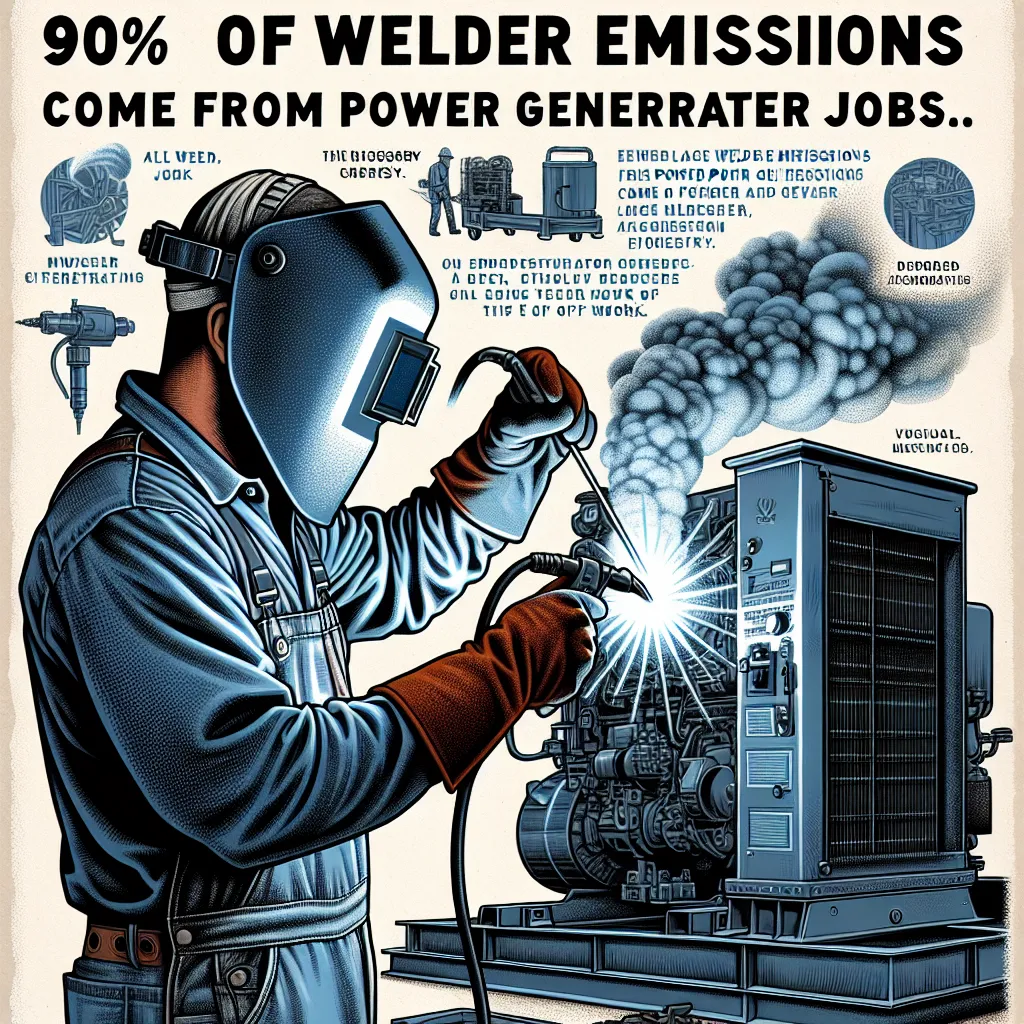 An informative graphic showing a welder working with power generators, highlighting that 90% of all welder emissions come from this source.