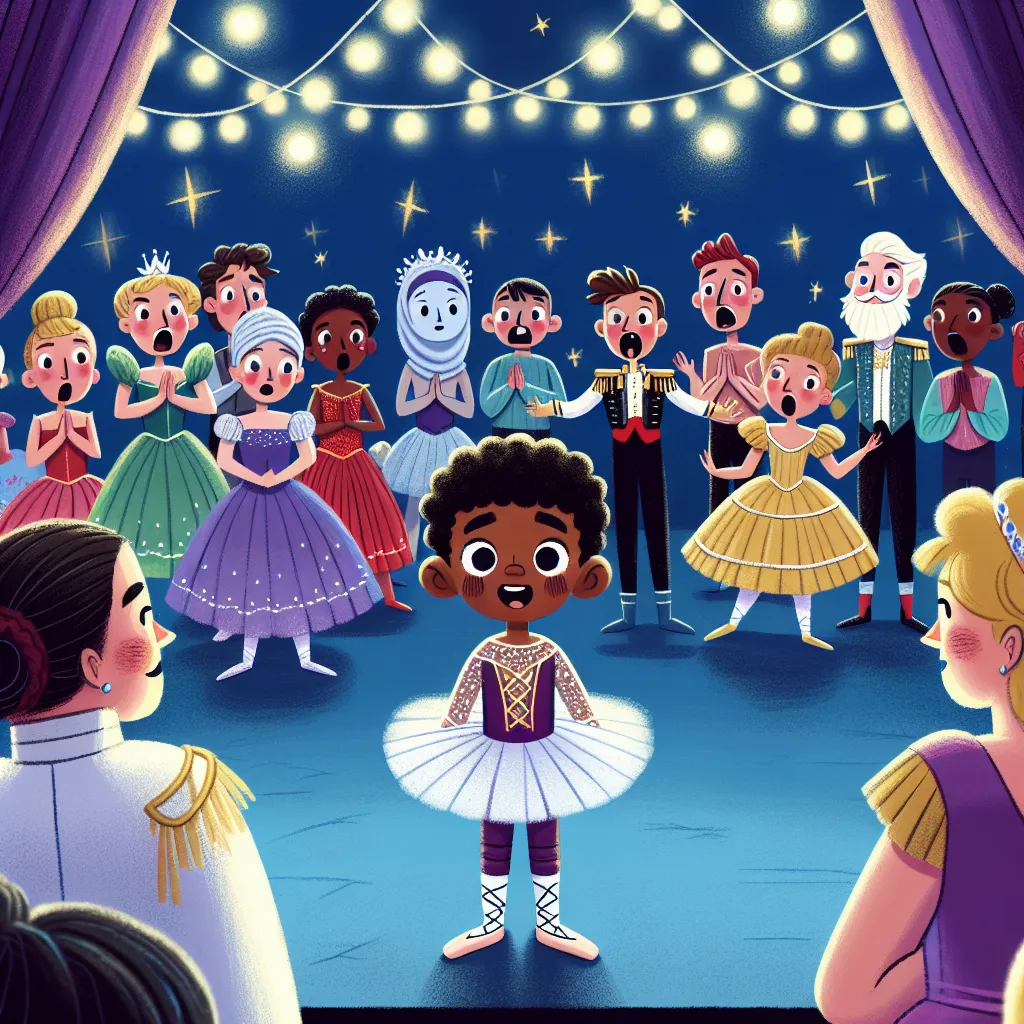 Illustration of a young boy in a tutu and ballet slippers backstage at a theater, surrounded by surprised dancers and colorful costumes, with stage lights glowing in the background.