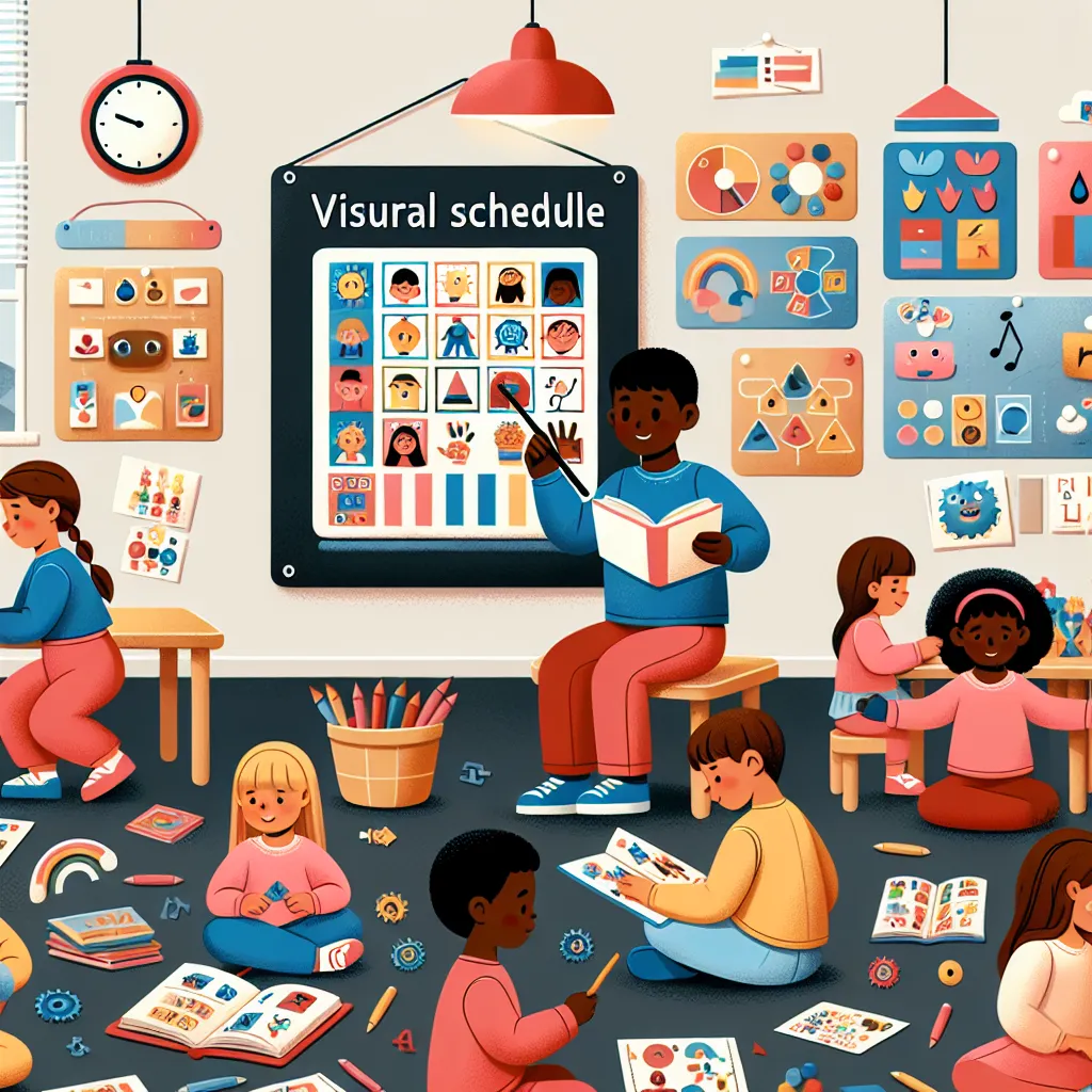 Here are the short instructions for creating an image related to the questions provided:

Image Description: Illustrate an organized, colorful classroom with diverse learning aids, featuring visual schedules on the wall, and various children engaging in different activities. Focus on a child resembling Tshepo, interacting with a visual aid that helps him with a task, illustrating the inclusive learning environment described in the case study.