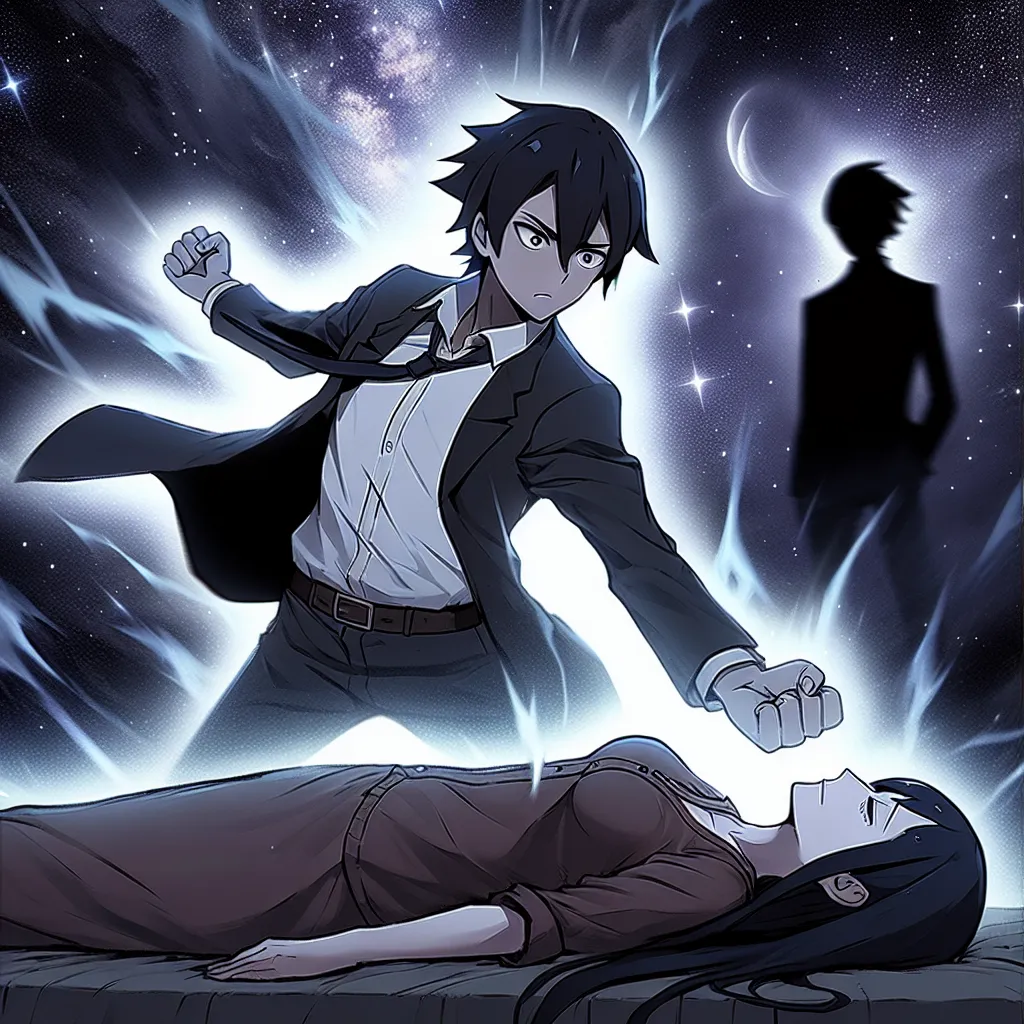 Ilustrasi dramatis yang menggambarkan Sasuke dengan ekspresi penuh tekad, berusaha memindahkan jiwa ke tubuh Konan yang terbaring, dengan latar belakang pemandangan gelap berbintang dan siluet Obito di kejauhan.