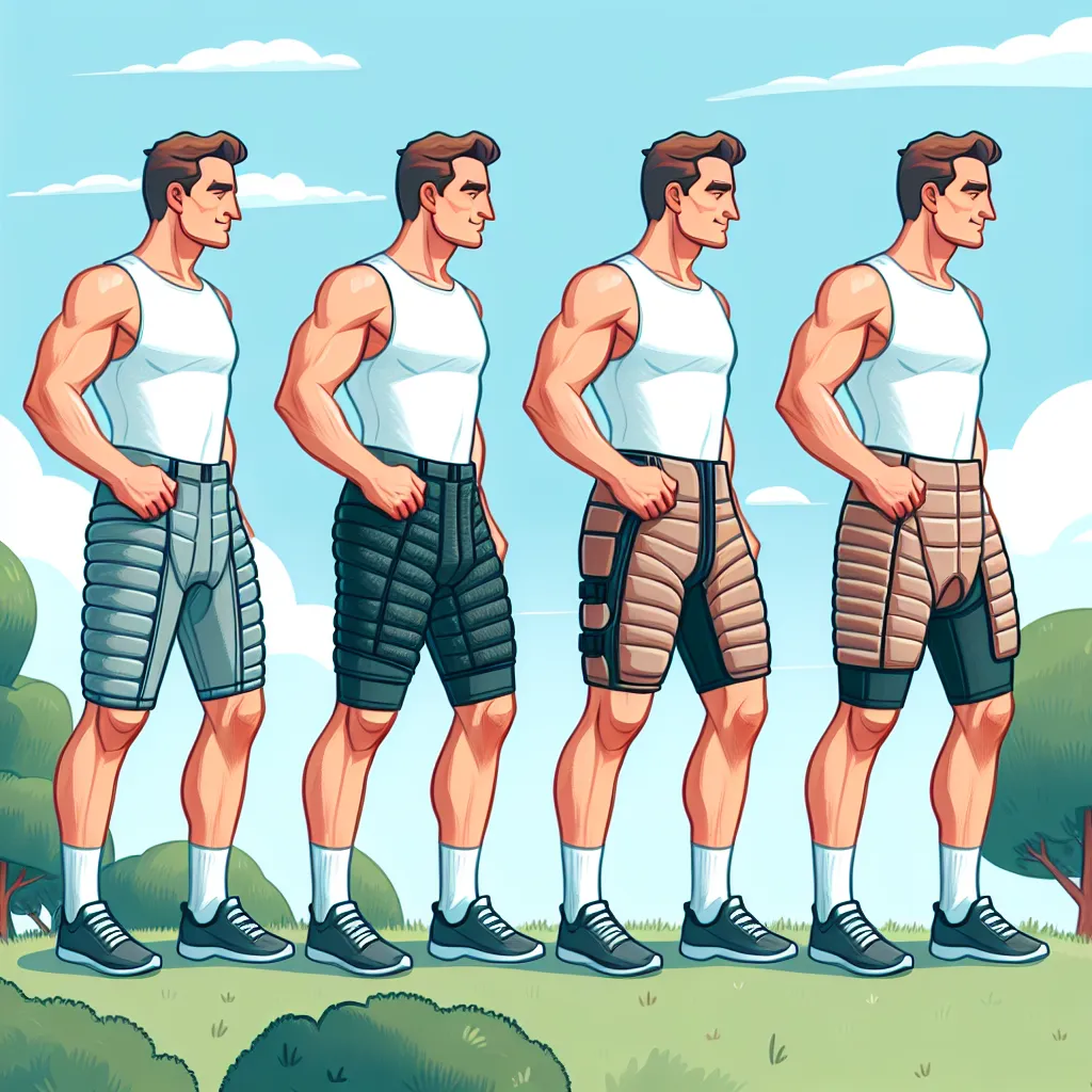 Illustration of a man trying on different styles of padded shorts in a fitting room, showcasing comfort and style options.