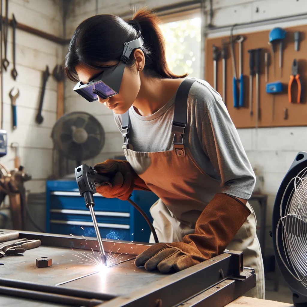 Image of a welder with a portable cooling fan nearby while working in a safety-equipped workshop.