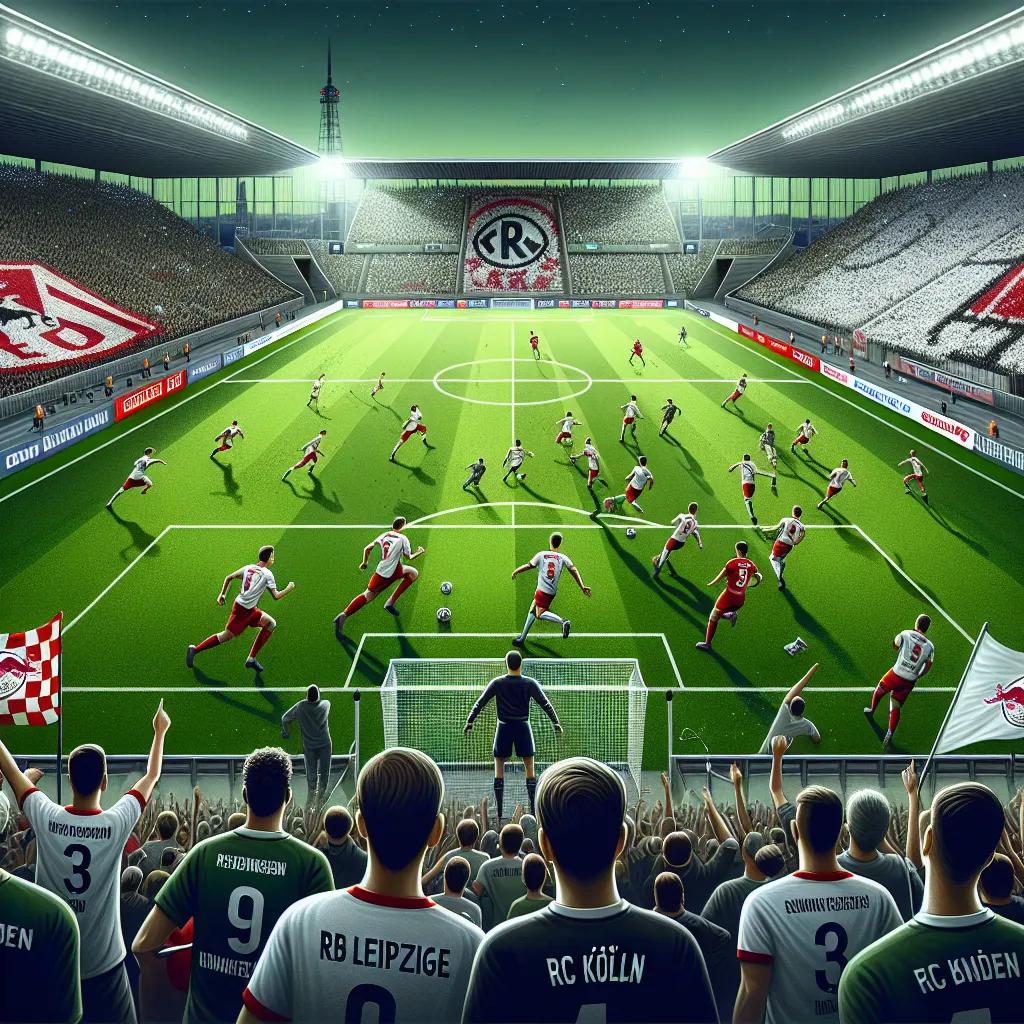 Digital illustration of two soccer teams in action, featuring players from RB Leipzig and FC Köln competing on a vibrant stadium field.