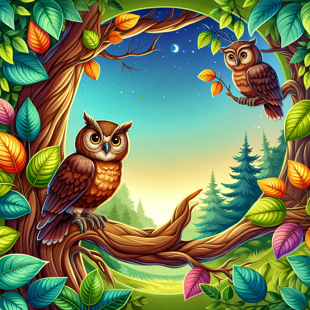 Illustration of a wise owl perched on a tree branch, surrounded by vibrant leaves and a serene forest background.