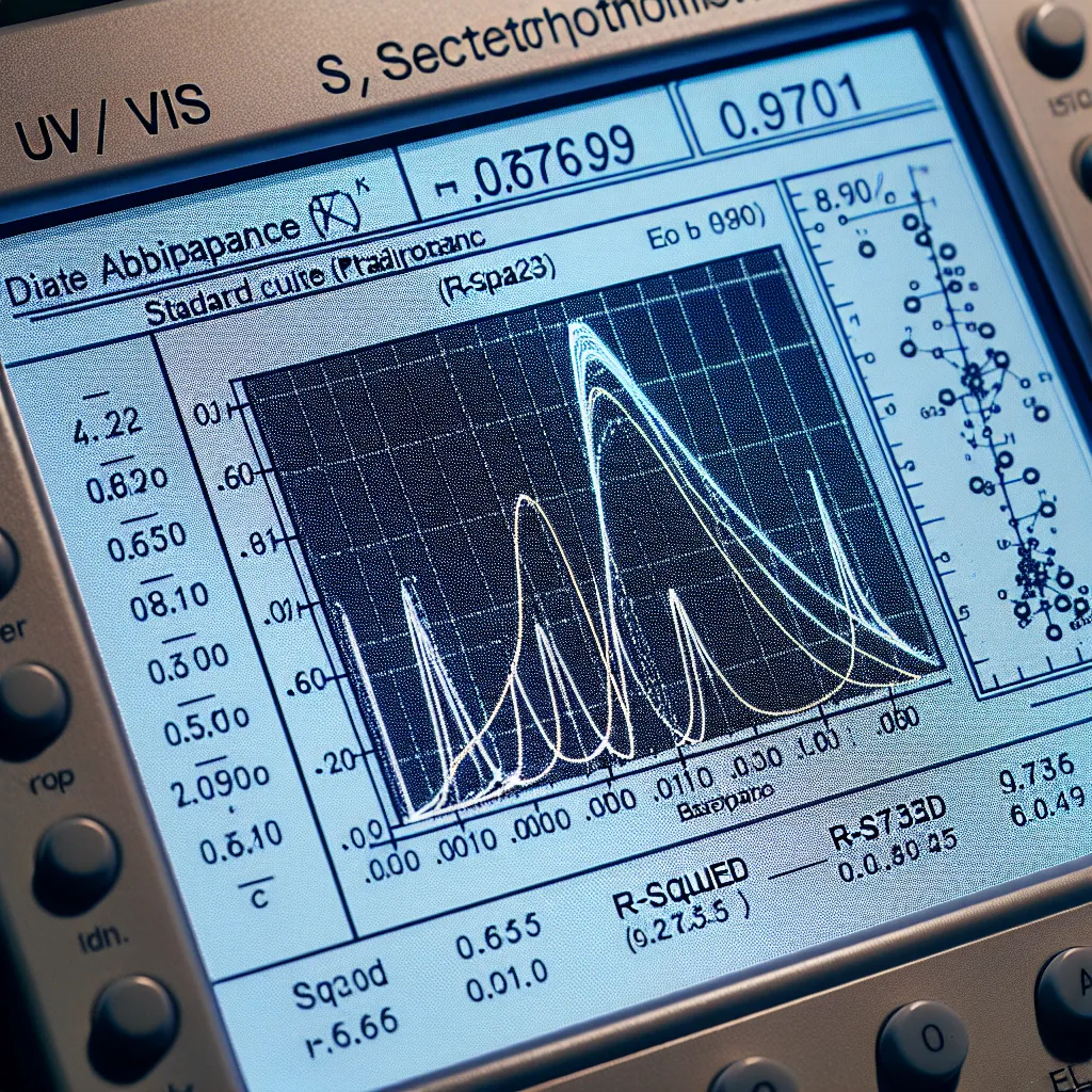 Image of a UV/vis spectrophotometer display showing the absorbance reading of 0.6701 and graphs depicting the standard curve and R^2 value of 0.9733.