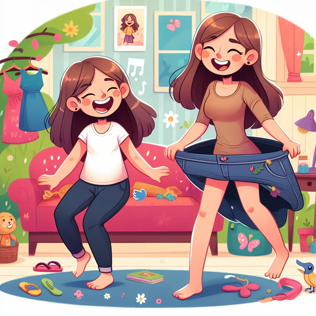 Ilustración colorida de una niña y la amiga de su madre intercambiando cuerpos, con la niña riendo y disfrutando de la situación en un ambiente divertido y amistoso.