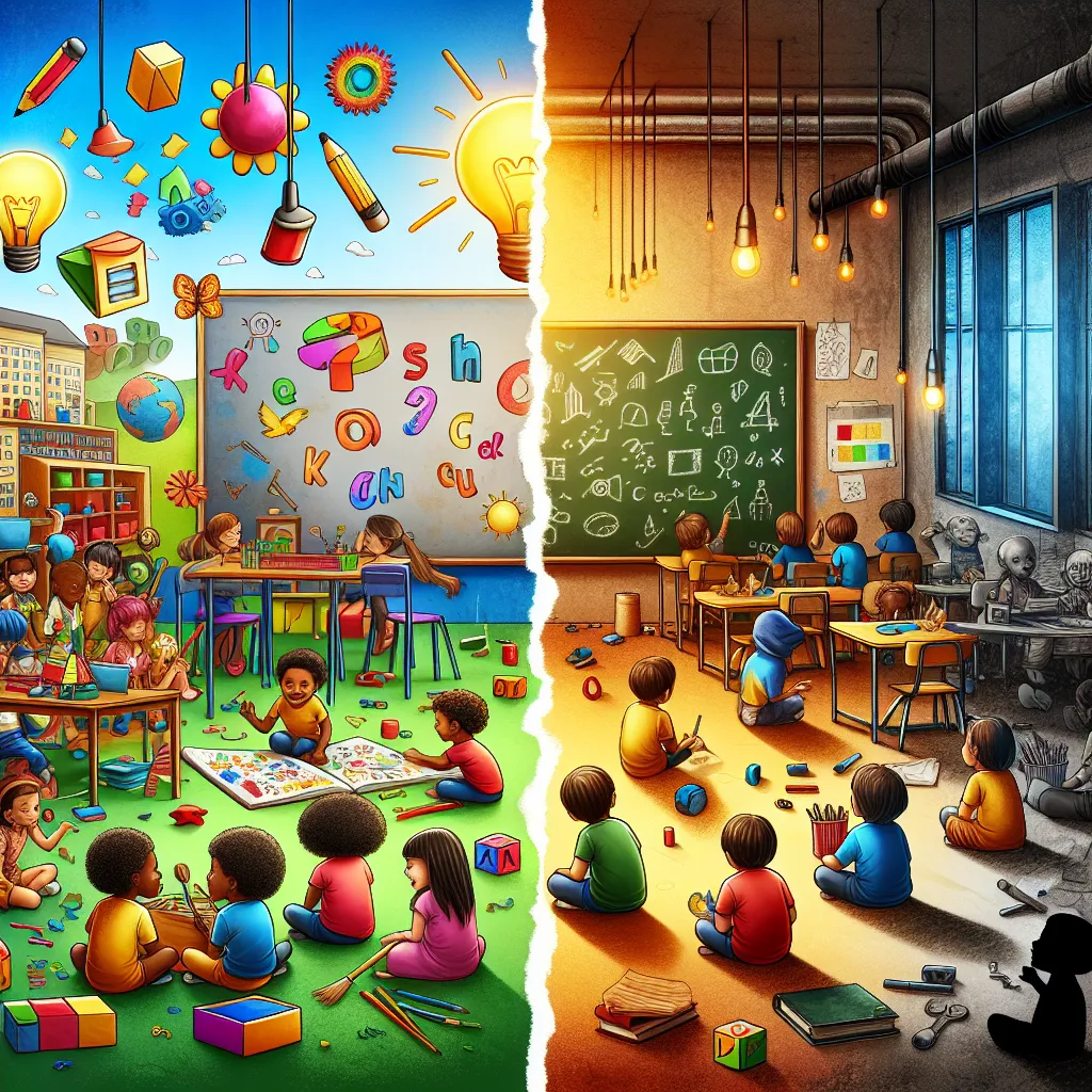 This text appears to be a set of examination questions for a developmental education course, focusing on themes such as early childhood development, educational inequality, and the influence of culture on education. Here’s a fictional representation of the image that could accompany it:

**Imaginary Image Description**: A split scene depicting a vibrant classroom filled with children engaging in hands-on learning activities on one side, and on the other, a dilapidated classroom with overcrowded 