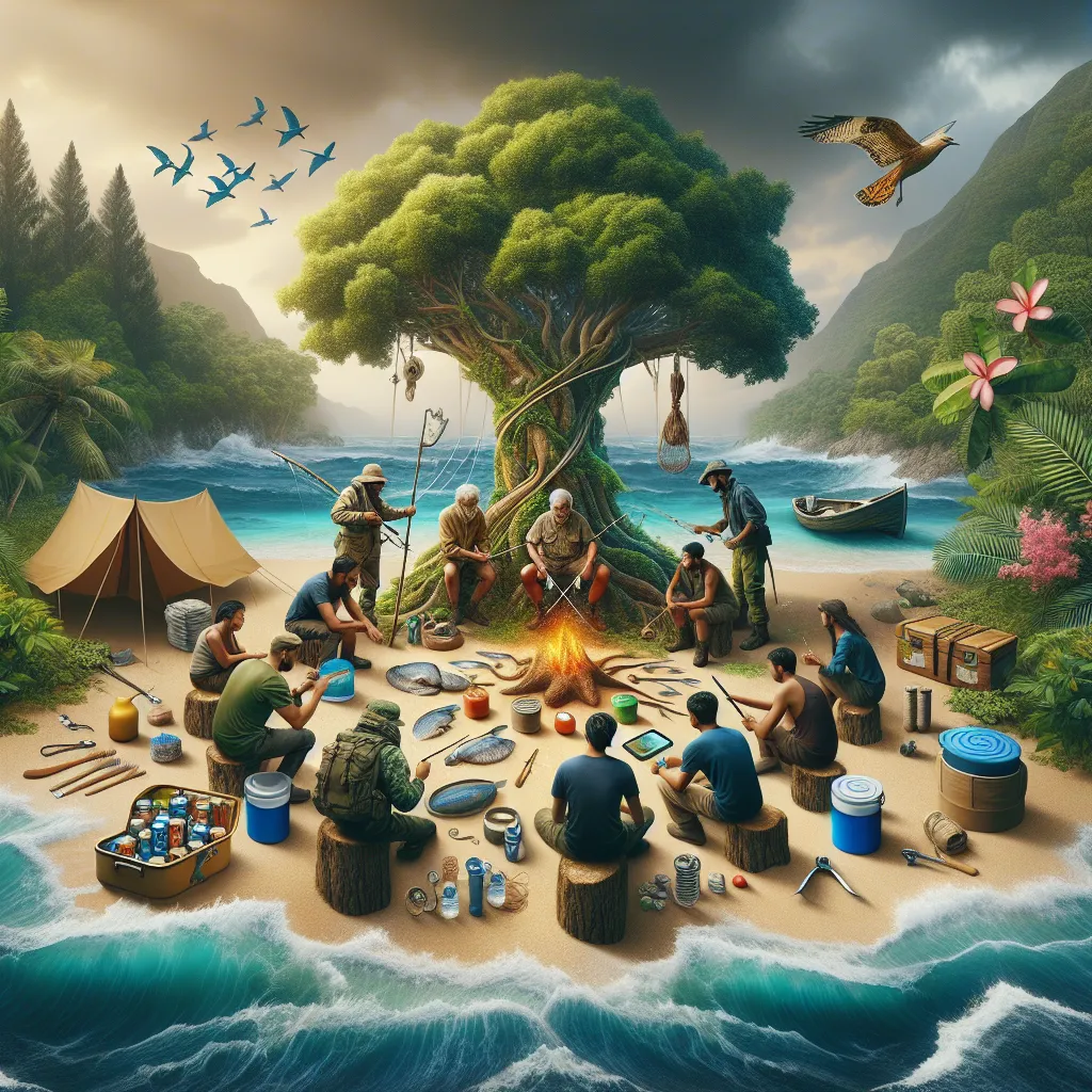 Image of a diverse group of ten people gathered around a large tree on a tropical island, discussing survival plans while various tools and supplies are laid out: fishing knives, water jugs, a tarp, and a can opener. In the background, lush greenery and ocean waves can be seen.