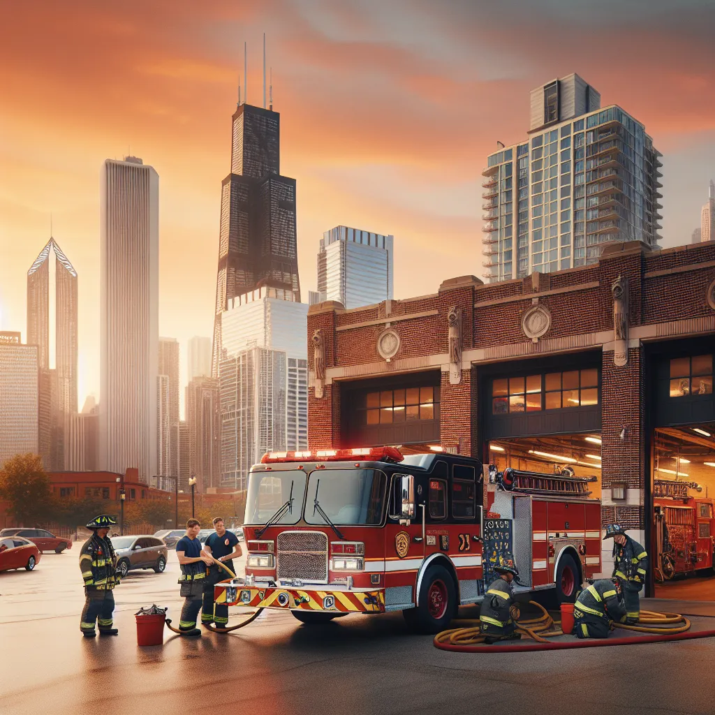 A documentary-style image featuring a Chicago Fire Department fire truck parked in front of a historic fire station, showcasing its firefighting equipment. The backdrop includes a bustling cityscape with firefighters inspecting hoses and gear, while the sun sets over the skyline.