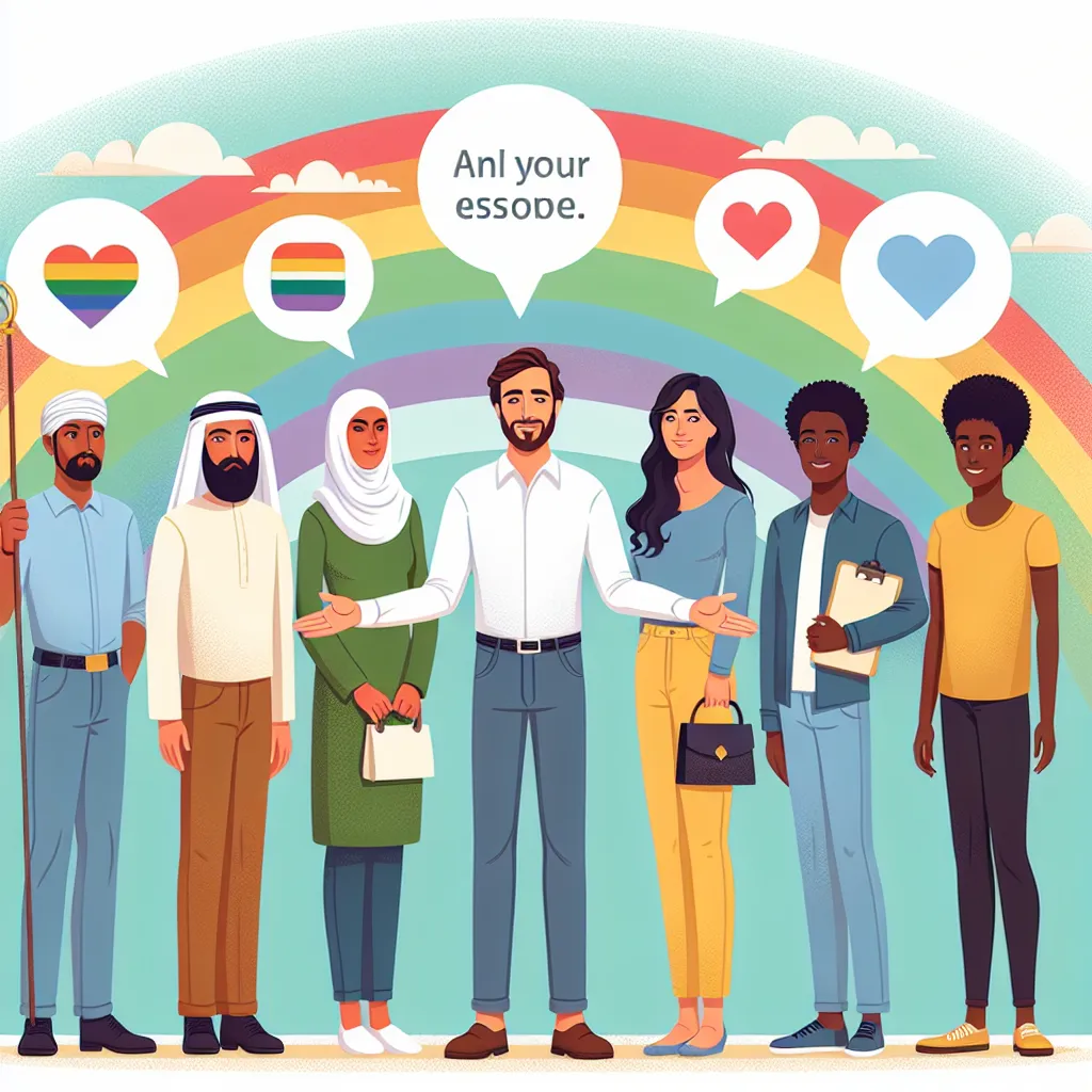 Illustration of a diverse group of people standing together, each holding a sign that represents their personal values and needs. In the center, a person with an open hand gestures towards them, symbolizing the idea of understanding and respect. The background features a rainbow to signify inclusivity and diversity.