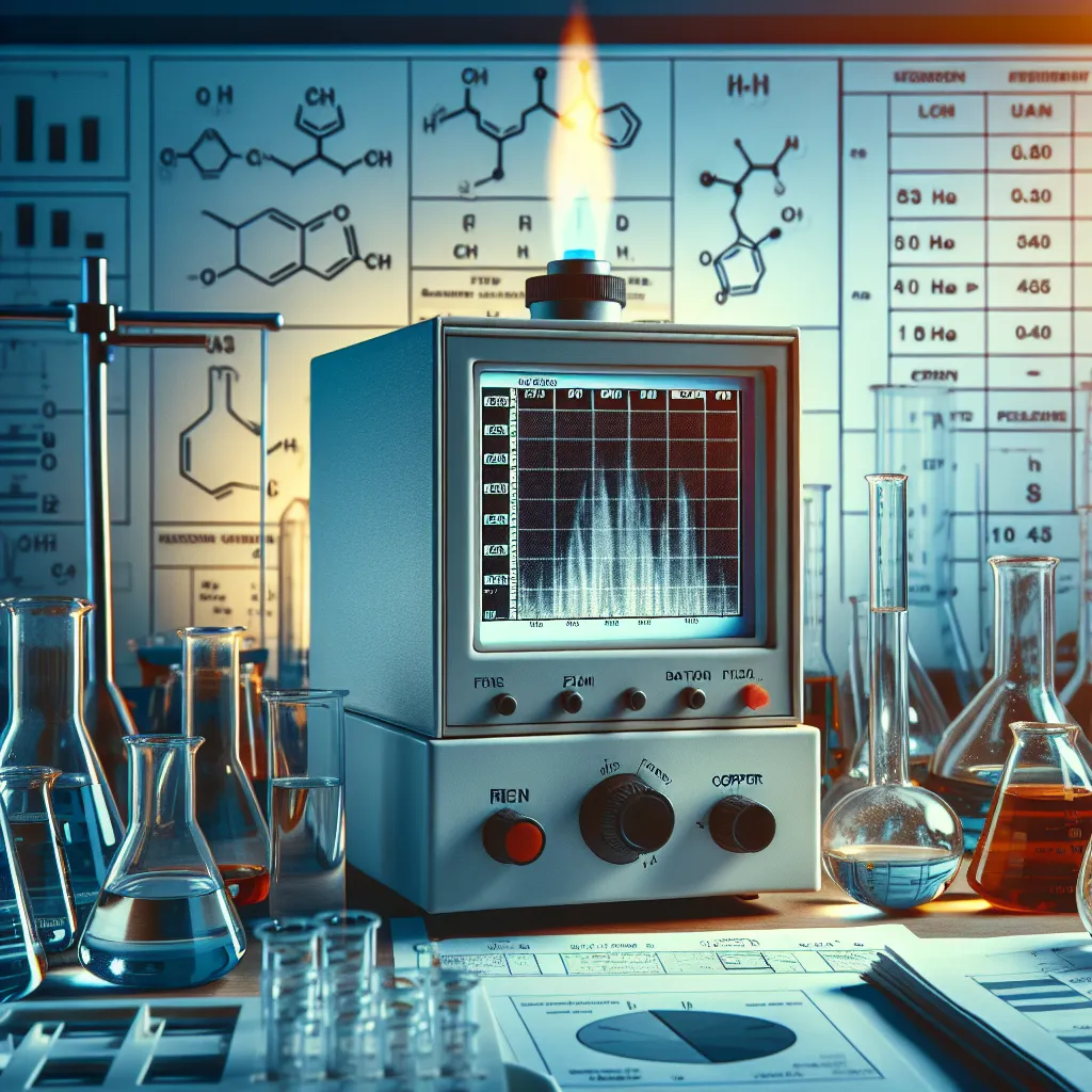 Photo of a flame atomic spectrophotometer with a display showing the detected concentrations of iron and copper, surrounded by laboratory glassware and charts of the experiment results.