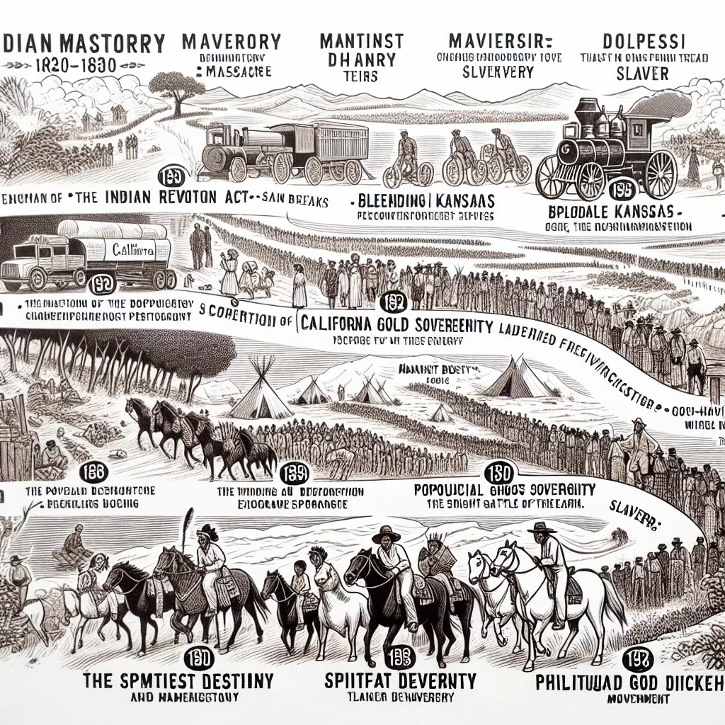 ### Short Descriptions for Each Term/Event:

7) **Indian Removal Act**: A federal law enacted in 1830 that authorized the forced relocation of Native American tribes from their ancestral homelands to designated "Indian Territory" west of the Mississippi River.

8) **Trail of Tears**: The forced removal and relocation of thousands of Native Americans, particularly the Cherokee, in the 1830s, resulting in thousands of deaths due to harsh conditions and inadequate supplies.

9) **Manifest Destiny**