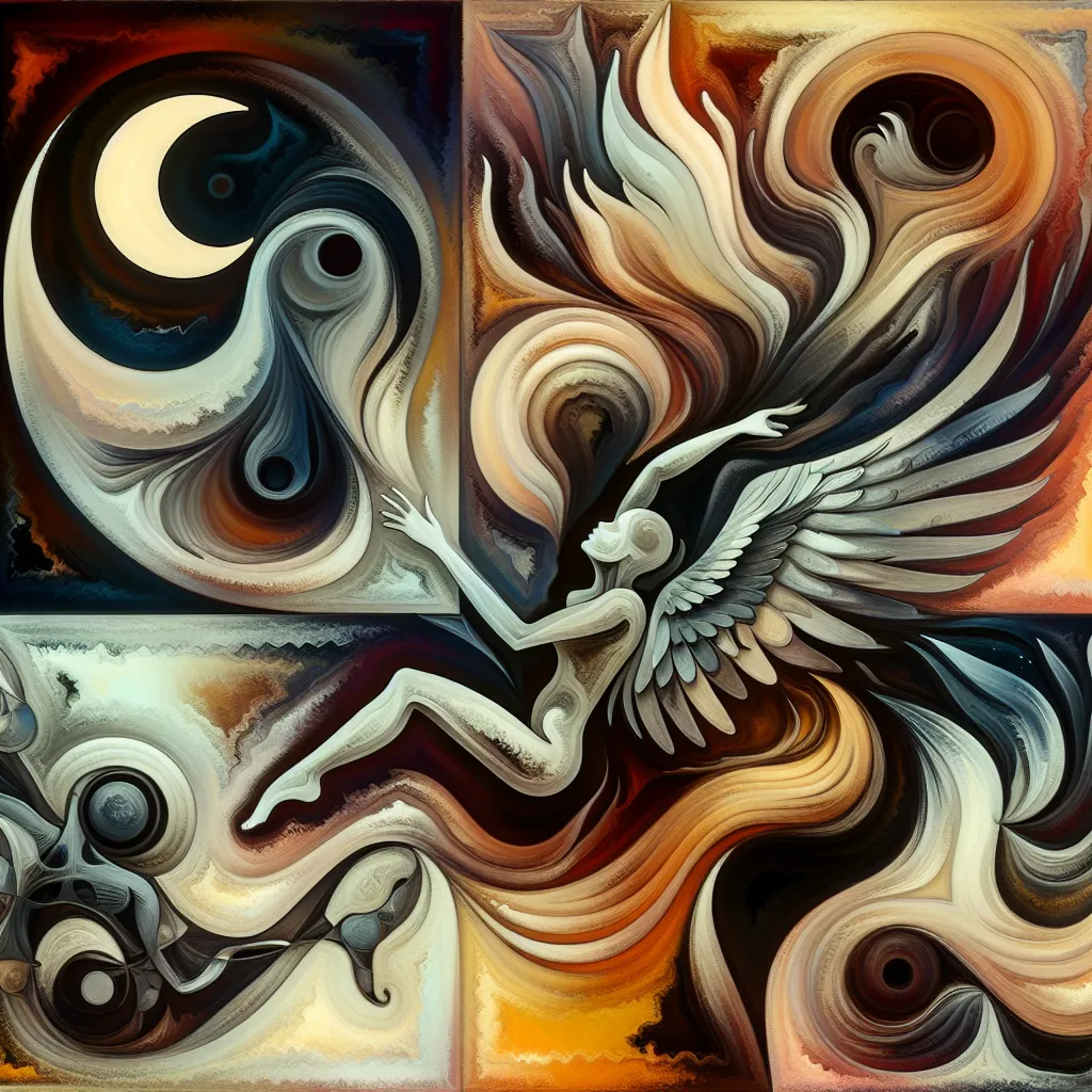 Transformation, Lucifer, Hazbin, Angel, Nightmare in an abstract style