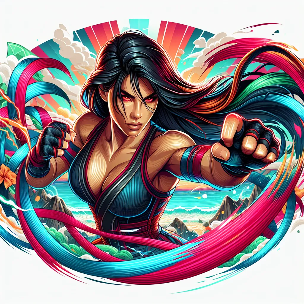 Illustration of a fierce female fighter with long hair, wearing a stylish martial arts outfit, surrounded by colorful, stretchy rubber-like effects, showcasing her newfound powers after eating the Gomu Gomu no Mi devil fruit on a vibrant island setting.