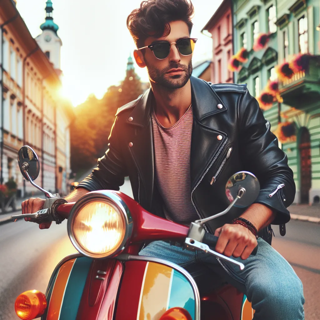 Image of a stylish person wearing sunglasses and a leather jacket, confidently riding a vibrant moped through a scenic city street.