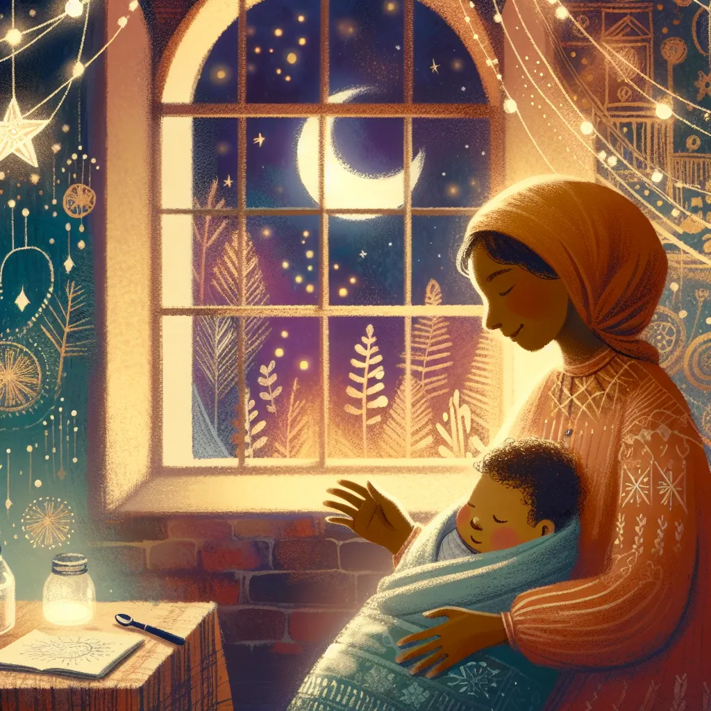 Soft illustration of a cozy nursery with a mother gently singing a lullaby to her baby, surrounded by stars and moonlight.
