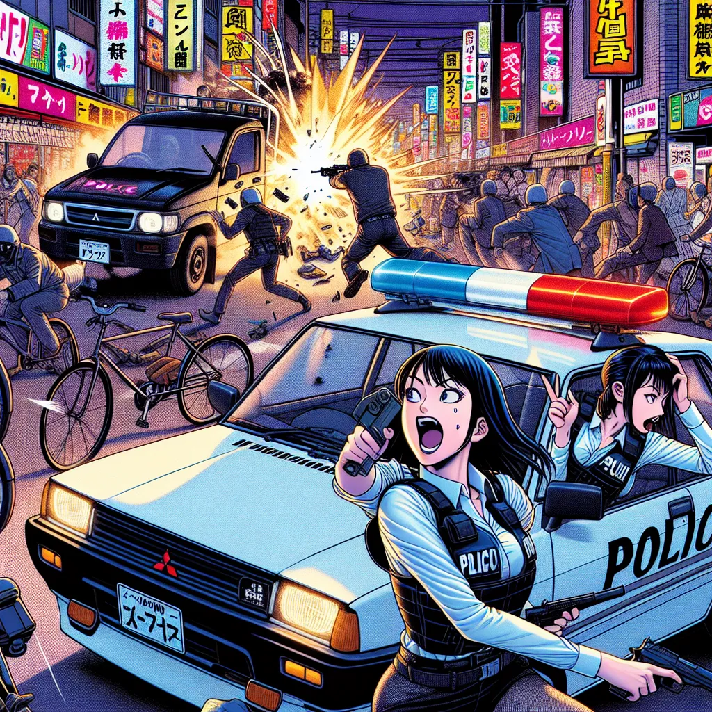 **Image Description:** A dynamic comic book-style illustration depicting two Japanese traffic police officers: a slim girl named Akiko with a cheerful expression and a slightly heavier girl named Yumi looking determined. They are in a patrol car, a Mitsubishi GTO, early morning with a bustling street in the background. Suddenly, a truck is seen crashing into their car. Akiko is yelling into a radio while Yumi prepares to respond. In the background, a black van filled with shadowy figures is seen