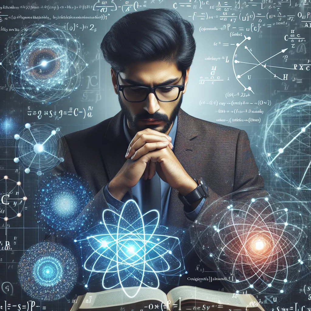 Image of a person looking at a complex diagram illustrating the Cognitive-Theoretic Model of the Universe, surrounded by symbols of mathematics and physics.